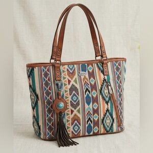 Justin Southwestern Serape Aztec Woven Tote Bag Leather Trim & Tassel